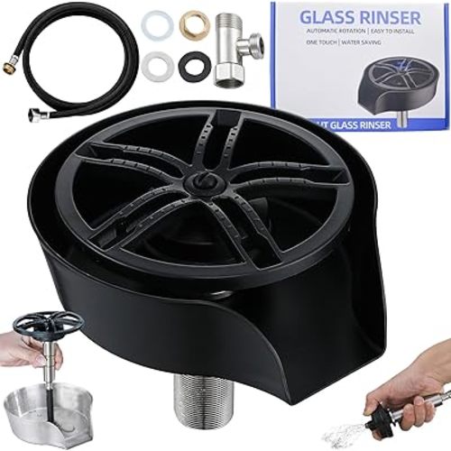 Glass Rinser and Cup Washer for Sink, 360° Rotating Spray Nozzle with Pull-Out Design, Bottle Cleaner - Tilted Base Prevents Splashing, Kitchen Sink Accessories for Home & Bar (Black, Easy Install)