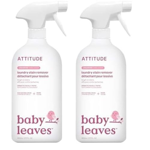ATTITUDE Laundry Stain Remover for Baby Clothes, Plant and Mineral-Based Ingredients, Vegan and Cruelty-free Household Products, Hypoallergenic, Unscented, 27 Fl Oz (Pack of 2)