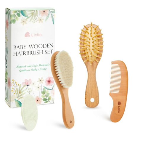 Lictin Baby Hair Brush and Comb Set, 4 Pcs Newborn Hair Brush with Soft Bristle, Natural Goat Hair and Wood Baby Cradle Cap Comb for Newborns & Toddlers, Baby Registry Gift, Newborn Grooming Kit