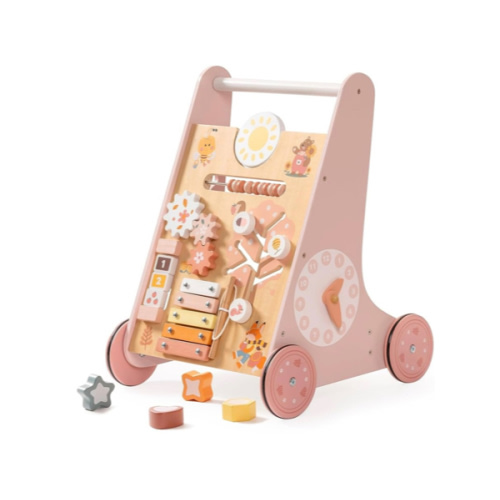 ROBUD Wooden Baby Walker, Baby Push Walker with Activity Center and Storage, Montessori Walker Toy for Boys and Girls Learning to Stand and Walk, Pink