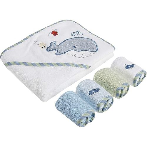 Spasilk Bath Hooded Towels & Washcloths Set for Babies, Hooded Terry Bath Towel & 4 Washcloths, Blue