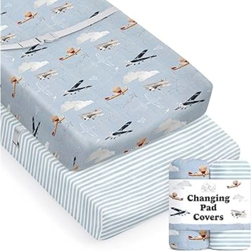Baby Changing Pad Cover 2-Pack for Boys, Girls (Watercolor Airplanes and Clouds) - Premium Fitted Sheets Baby Diaper Changing Table Cover - Buttery Soft Cotton Blend
