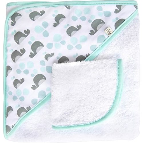 JJ Cole Hooded Baby Towel Set, Aqua Whales, 1-Pack