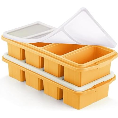 Silicone Freezer Tray With Lid - Silicone Freezer Food Molds- Large Ice Cube Tray,Silicone Freezer Container,Freeze & Store Soup, Sauce, Broth,Leftovers - Makes 4 Perfect 1 Cup