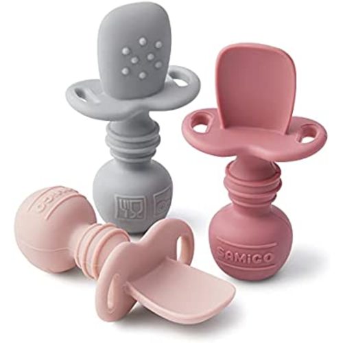 SAMiGO Silicone Baby Spoons Self Feeding 6+ Months - Infant Toddler Utensils - First Stage Baby Led Weaning Feeding Supplies - Set of 3 Pack