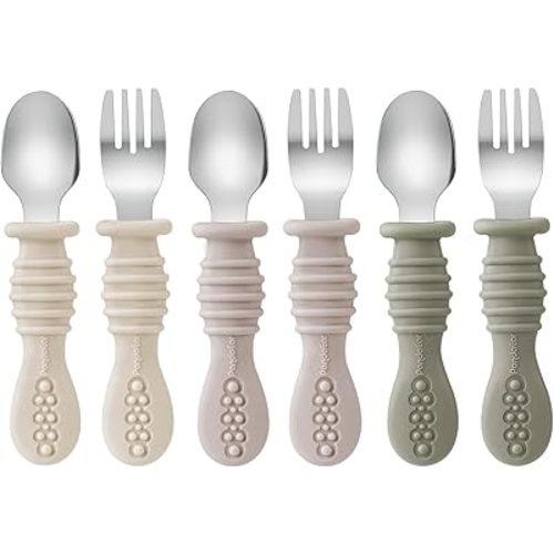 PandaEar 6 Pack Toddler Fork and Spoon Utensil Set, Baby Silicone Stainless Steel Silverware Spoon Fork for Babies Kids, BPA Free (Walnut&Linen&Brown)