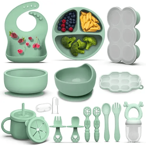 16 Pack Silicone Baby Feeding Set, BPA-Free Baby LED Weaning Supplies, Include Suction Plates, Baby Bowls, Silicone Fork & Spoon, First Stage Baby Food Eating Utensils - 6+ Months (Dark Green, 16)