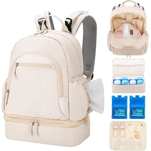 Breast Pump Backpack Fit for Spectra S1/S2 with Removable Cooler Compartment, Breast Pump Bag Fit Pump Accessories for Working & Nursing Moms, Breast Milk Cooler Bag for Travel and Family Use Beige