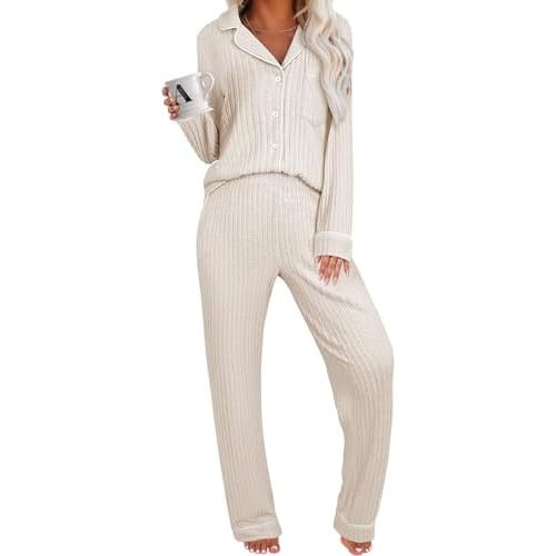 ANRABESS Women Pajama Lounge Sets 2025 Fall 2 Piece Outfits Ribbed Long Sleeve Matching PJ Set Sleepwear Loungewear