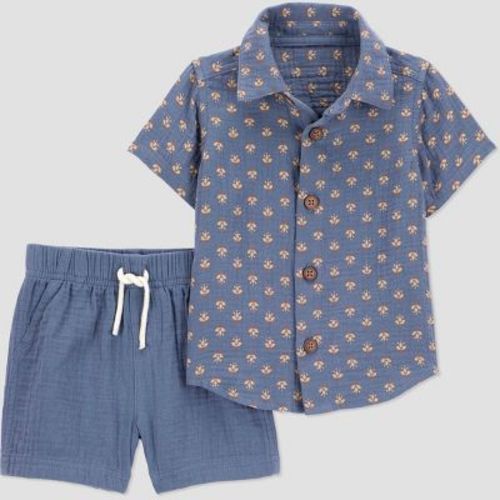 Carter's Just One You® Baby Boys' 2pc Geo Top & Shorts Set - Blue 12M: Cotton Button Down Shirt & Pull-On Shorts