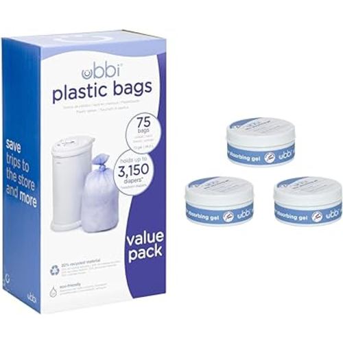 Ubbi Disposable Diaper Pail Plastic Bags, Value Pack, 75 Count, 13-Gallon Bags & Lavender Scented Absorbing Gel Value Pack - 3 Count Diaper Pail Odor Control for Baby Nursery