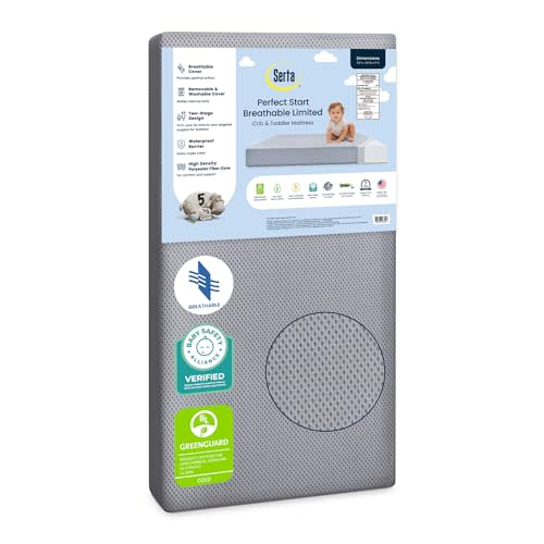 Serta Perfect Start Breathable Limited Two -Stage Crib Mattress and Toddler Mattress - Breathable Cover and Fiber Core, Machine Washable Cover, Waterproof, 7 Year Warranty, Made in USA