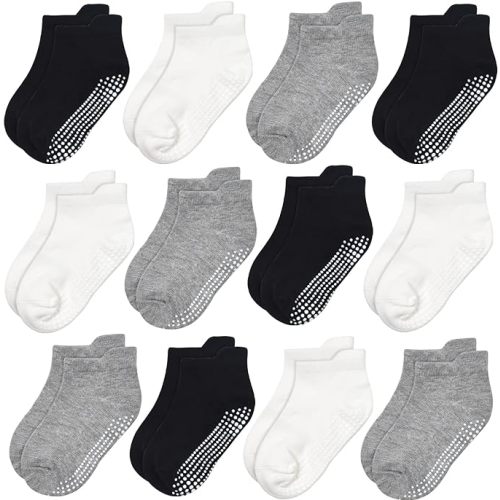 GRPSKCOS Non Slip Toddler Baby Socks 12 Pairs Anti Skid Ankle Socks for Kids Boys Grips Crew Socks for 1-7 Years Children