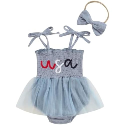 Ayalinggo Newborn Infant 4th Fourth of July Baby Girl Outfits Bubble Romper White Red and Blue Clothes+Headband