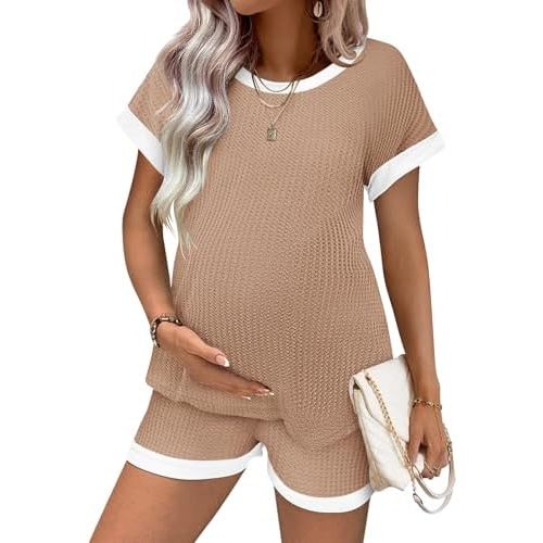Ekouaer Women's Waffle Knit Maternity Pajamas 2 Piece Outfits Short Sleeve Tops and Shorts Loungewear Set Pregnancy Clothes