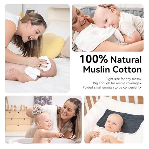 Muslin Burp Cloths 4 Pack Large 20" by 10" 100% Cotton 6 Layers Extra Absorbent and Soft by Synrroe - White - Large 4 Pack