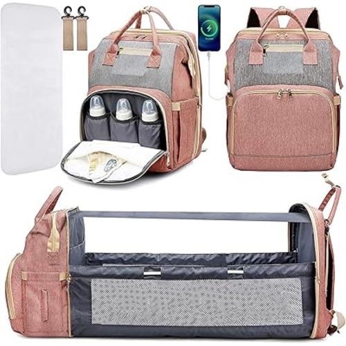 Diaper Bag Backpack, Large Baby Diaper Bags for Boys Girls, Baby Bag with USB Charging Port, Multifunction Waterproof Travel Back Pack for Moms Dads, Pink Grey