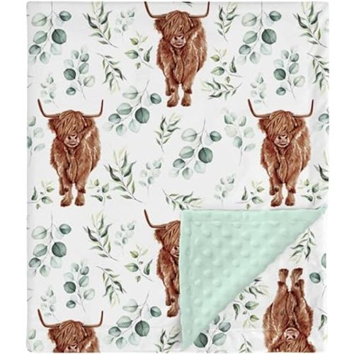 Highland Cow Eucalyptus Leaf Mink Baby Blanket Dotted Backing Boy Girl Gift, Western Farm Animal Yak Double Layer Flannel Nursery Bed Blankets, Soft Plush Newborn Infant Toddler Crib Bedding 30 x 40