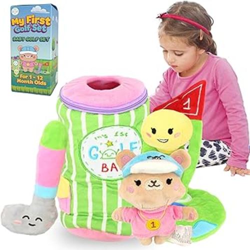 Skywin My First Golf Bag Playset, 6 ct Developmental and Sensory Set with Plush Golf Club, Ball, Mug, Goal, Teddy Bear and Bracket