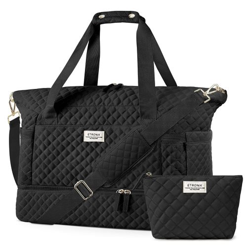 ETRONIK Travel Bag for Women, 48L Gym Duffel Bag with Shoes Compartment, Weekender Overnight Bag with Wet Pocket for Women Travel Gym Daily Use, Large Size (Black)