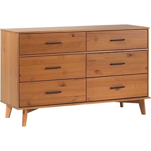 Walker Edison Sloane 6-Drawer Solid Wood Dresser with Metal Handles, 52 Inch, Caramel