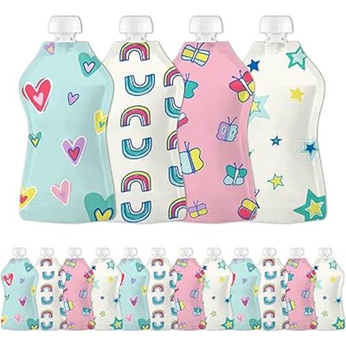 Squooshi Reusable Baby Food Pouches for Toddlers | BPA Free Plastic, Food Safe, Freezer Safe | Refillable for Applesauce Yogurt & Puree Squeeze Pouch | 12 Pack | 5 oz | Assorted Designs
