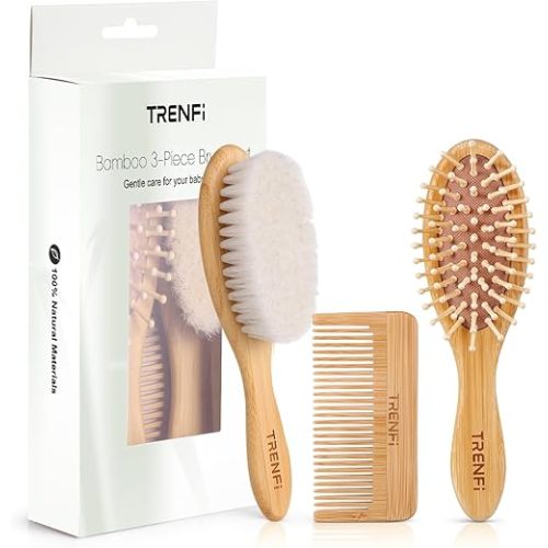 Bamboo Baby Hair Brush & Comb Set (3-Piece) | Ultra-Soft Natural Goat Bristles for Newborns | Gentle Scalp Massage & Detangling Kit | Perfect Baby Registry & Shower Gift