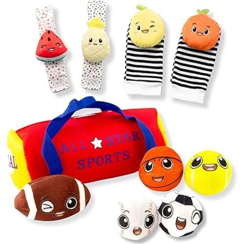 BABY K Baby Rattle Socks & Wrist Toys (Set C) and Baby First Sport Bag with 5 Plush Sports Balls Bundle - Baby Rattle Toys and Balls Suitable for Newborn Baby 0-12 Months - Brain Development Toys