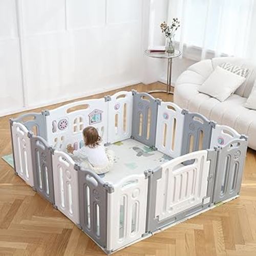 Baby Playpen Kids Activity Centre Safety Play Yard Home Indoor Outdoor New Pen (Multicolour) (White) (White Grey)