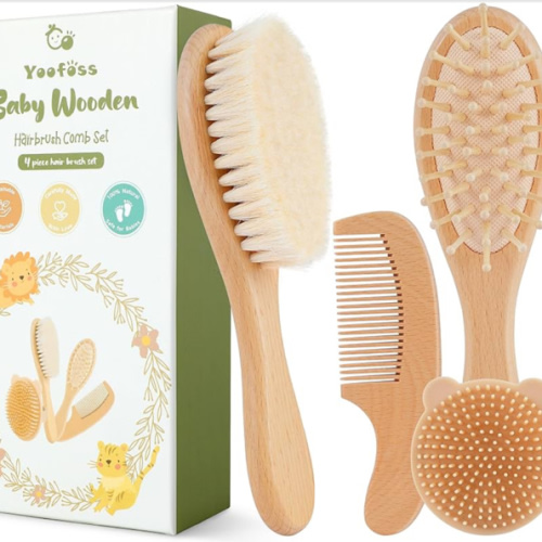 Yoofoss 4 Piece Baby Brush and Comb Set, Wooden Baby Brush with Natural Ultra Soft Goat Hair, Baby Hair Brush for Newborn, Baby Brush Set for Boy Girl