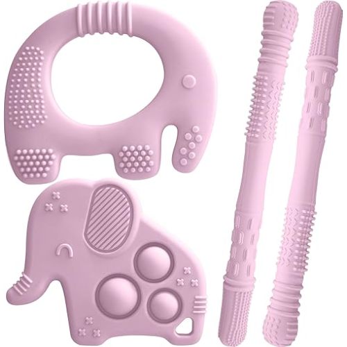 Baby Teething Toys, Silicone Teether Set for Sore Gums, 3+ Months (Pink)