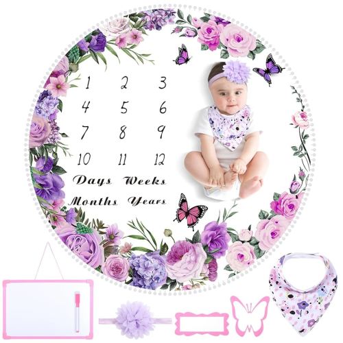 Chumia 6 Pcs Monthly Baby Milestone Blanket Set Baby Age Month Blanket Newborn Growth Chart with Bandana Frame Headband for Background (Purple,Elegance Style)