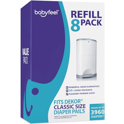 Babyfeel Refills Compatible with DEKOR CLASSIC Diaper Pails | 8 Pack | Exclusive 30% Extra Thickness | Diaper Pail Refills with Powerful Odor Elimination | Powder Scent | Holds up to 3960 Diapers