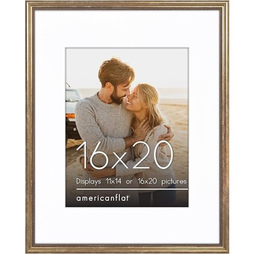 Americanflat Vintage Frames - 16x20 Picture Frame with Beaded Accents and Polished Plexiglass - Use as 11x14 Frame or Display 16x20 Photos Without Mat - Heirloom Collection - Wall Display - Gold