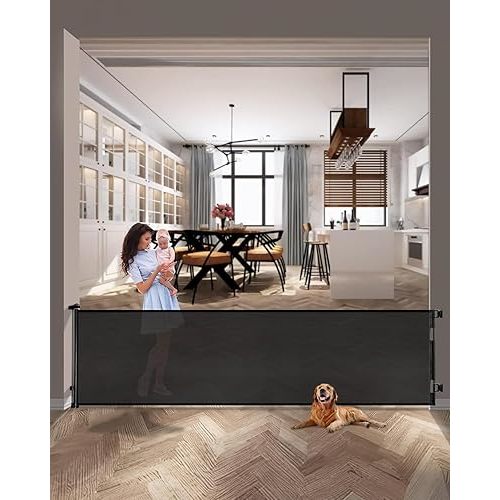 dearlomum 118 Inch Extra Wide Retractable Baby Gate,Mesh Large or Mesh Pet Dog Gate, Opening Wide Extra Long Child Safety Gate for Indoor Baby Fence, Outdoor, Stairs, Deck (Black)