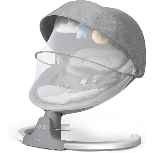 Baby Swing for Infants, Baby Rocker with 5 Speed, Infant Swing with 10 Preset Lullabies. 5 Point Harness with Remote Control and 3 Hanging Toys, Gray