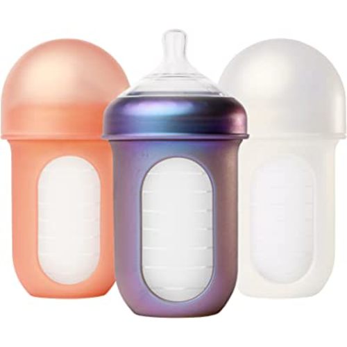 Boon Nursh Reusable Silicone Pouch Baby Bottles - Medium Flow Nipple - Silicone Baby Bottle Pouch and Nipple - Baby Feeding Essentials - Metallic - 3-6 Months - 3 Count - 8 Ounce