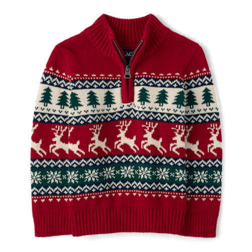Baby And Toddler Boys Reindeer Fairisle Quarter Zip Sweater - Red