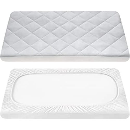 TILLYOU Pack and Play Sheets Pad - Waterproof Play Yard Playpen Sheets Pad, Soft Quilted Sheets with 1''-3'' Deep Pocket, Breathable and Fluffy, 39"x27",Light Grey