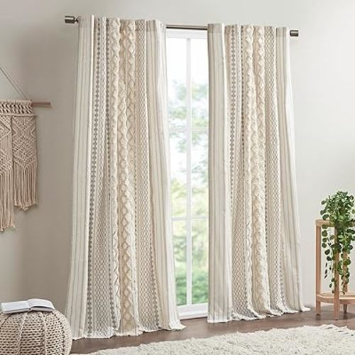 INK+IVY Imani 100% Cotton SINGLE PANEL Curtain Tufted Chenille Stripe Geometric Print Mid-Century Look Rod Pocket Top Drape for Living Room, Privacy Window Treatment for Bedroom, 50" x 84", Ivory