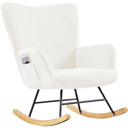 VECELO Nursery Rocking Chair Teddy Upholstered Modern Glider Rocker Padded with High Backrest Armchair Comfy Side Pocket for Living Room Bedroom Balcony Offices, White