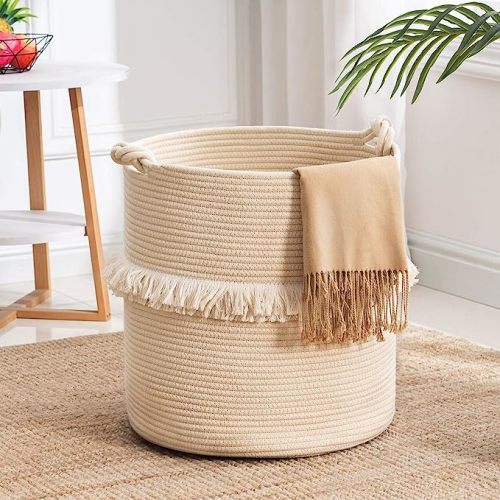 YOUDENOVA Large Woven Rope Storage Basket, Baby Nursery Hamper for Toy&Clothes, Beige Decorative Blanket Basket with Cute Knot Handles & Tassel, Boho Laundry Hamper for Living Room, 15.7 inchx16.9 inch - Large (Pack of 1)