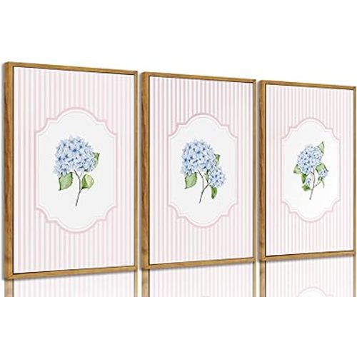 Blue Hydrangea Wall Art Pink Striped Rustic Farmhouse Floral Pictures Wall Decor Cottagecore Botanical Posters Vintage Grandmillenial Flower Painting Print Artwork for Girls Room Dorm, Framed
