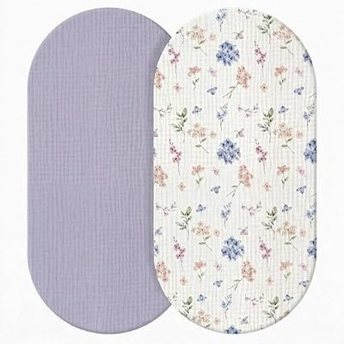 Breling 2 Pcs Muslin Purple Floral Bassinet Sheets for Baby Girl, Soft and Breathable 100% Cotton Bassinet Sheets, Fitted Coquette Floral Mattress Cover for 32" x 16" Oval Cradle