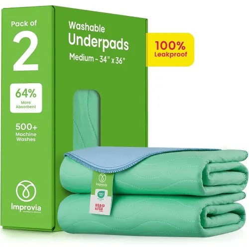 IMPROVIA® Washable Underpads, 34" x 36" (Pack of 2) - Heavy Absorbency Reusable Bedwetting Incontinence Pads for Kids, Adults, Elderly, and Pets - Waterproof Protective Pad for Bed, Couch, Sofa, Floor