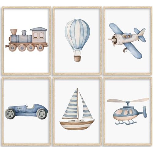 Vintage Baby Boy Nursery Wall Art Blue Transportation Car Airplane Painting Picture Wall Decor Toddler Vehicle Train Boat and Hot Air Balloon Poster Print Artwork for Kids Boys Room Bedroom Decorate