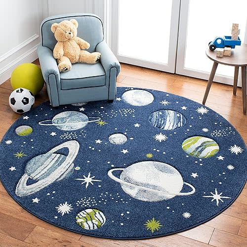 SAFAVIEH Carousel Kids Collection Area Rug - 5'3" Round, Navy & Ivory, Non-Shedding & Easy Care, Ideal for High Traffic Areas for Boys & Girls in Playroom, Nursery, Bedroom (CRK103N)