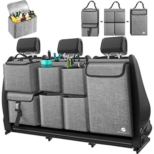 Car Trunk Organizer with Cooler, Hanging Organizers with Large Pockets, Zippers Detachable Seat Back Storage, Waterproof for Jeeps, SUVs, Grey