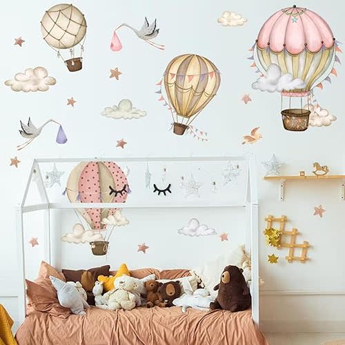 SANDOO Hot Air Balloon Wall Decals Peel and Stick - Neutral Nursery Decals,Stars Clouds Wall Stickers,Watercolor Wall Decal for Nursery Kids Room Playroom Bedroom Classroom Kindergarten Wall Decor