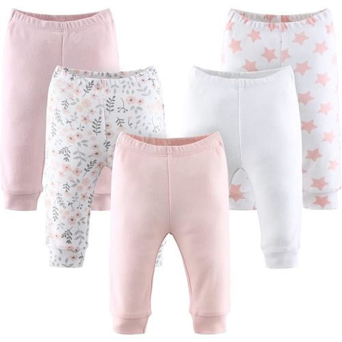 The Peanutshell Baby Girl Pants Set | 5 Pack | Floral, Pink, White, Stars - 3 Months